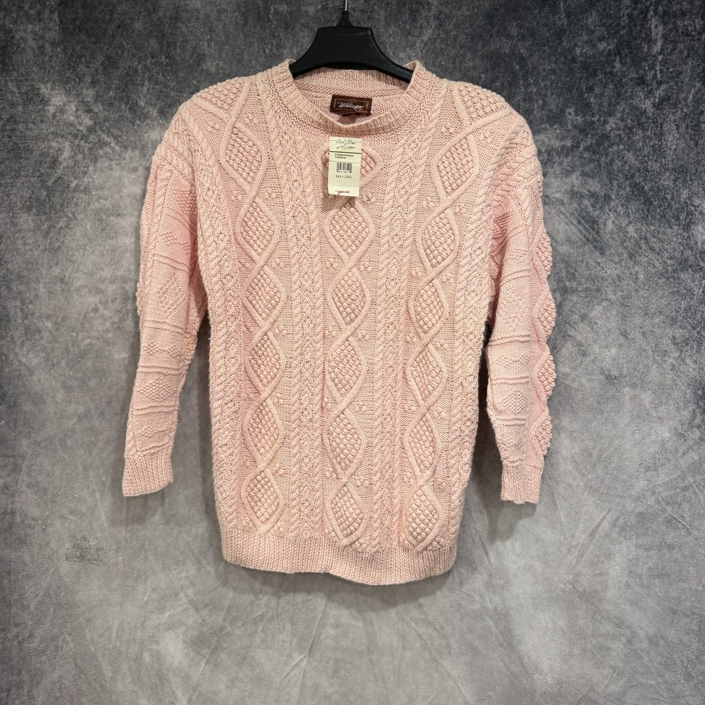 Vintage Women's Crewneck Cable Knit Sweater Pink L Aran Style Shoulder Pads